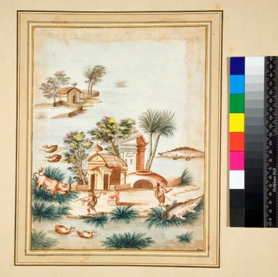 Flodscen med två pygméer på en ö (svart krita, några med penna och brunt bläck. färgad med akvarell) av Pietro Santi Bartoli