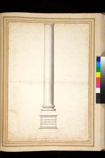 Kolumnen av Antoninus Pius visas som restaurerad (penna och grå tvätt) av Pietro Santi Bartoli