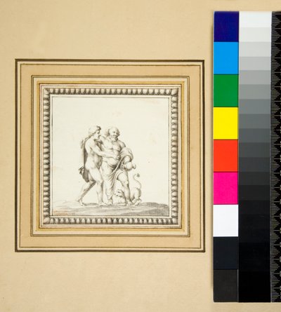Tre silverpaneler från framsidan av en träkista (svart krita, några med penna och brunt bläck. färgad med akvarell) av Pietro Santi Bartoli