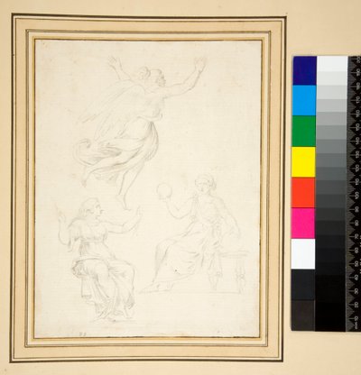 Två draperade kvinnofigurer sittande (penna) av Pietro Santi Bartoli