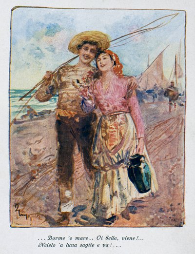 Tillbaka från fisket, illustration av Pietro Scoppetta (1863-1920), Italien, 1900-talet av Pietro Scoppetta
