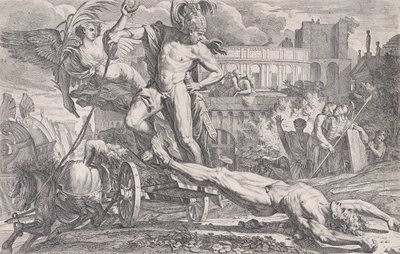 Akilles släpar Hectors kropp runt Trojas murar, 1648-50. av Pietro Testa