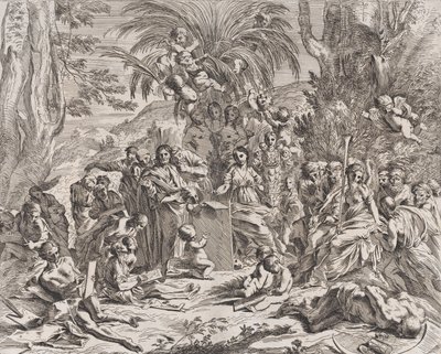 En allegori över måleriet, som som barn i mitten till vänster ritar på en tavla, surrounde..., 1637-38. av Pietro Testa