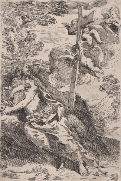 Maria Magdalena i öknen, ett kors som bärs av änglar till höger, ca. 1630. av Pietro Testa