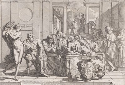 Platons symposium: Sokrates och hans följeslagare satt runt ett bord och diskuterade ideal kärlek..., 1648. av Pietro Testa