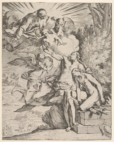 Isaks offer: en ängel trycker mot den dolkbärande armen av Abraham, som ..., ca.1645-50. av Pietro Testa