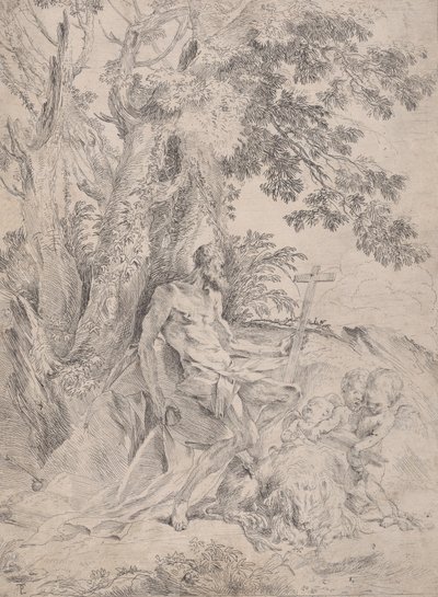 Saint Hieronymus före ett krucifix ackompanjerat av ett lejon och tre putti, ca. 1631-37. av Pietro Testa