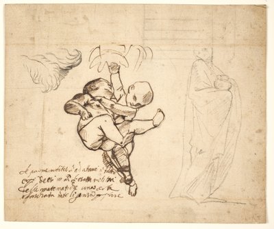 Studie för två lekande putti, löv och en draperad figur med en urna av Pietro Testa