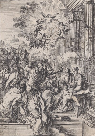 The Adoration of the Magi, utspelad före och arkitektonisk pelargång, ca. 1640. av Pietro Testa