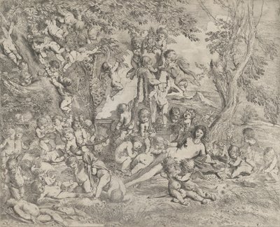 The Garden of Venus som vilar i centrum inför en herm av Pan och omgiven ..., ca. 1631-37. av Pietro Testa