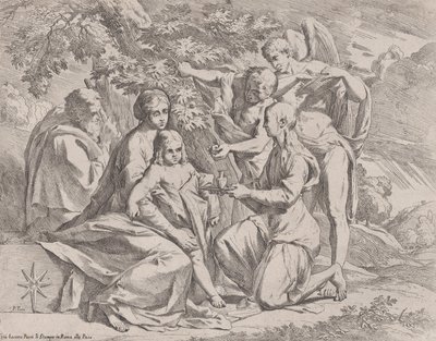Den heliga familjen matad av änglar, ca. 1642-44. av Pietro Testa