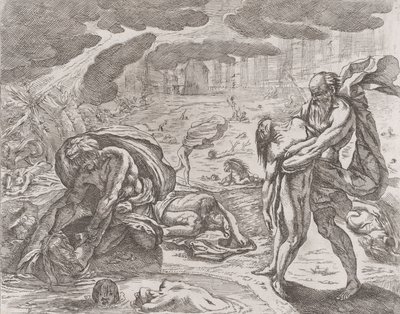 Syndfloden, figurer som dras upp ur vattnet, ca. 1640-42. av Pietro Testa