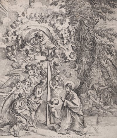 Drömmen om St Joseph, som sover till höger, Jungfrun och barnet vid en kro..., ca. 1635-37. av Pietro Testa