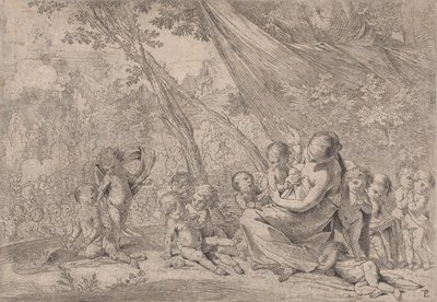 Välgörenhetens trädgård, kvinna som representerar välgörenhet till höger omgiven av barn, ..., ca. 1631-37. av Pietro Testa