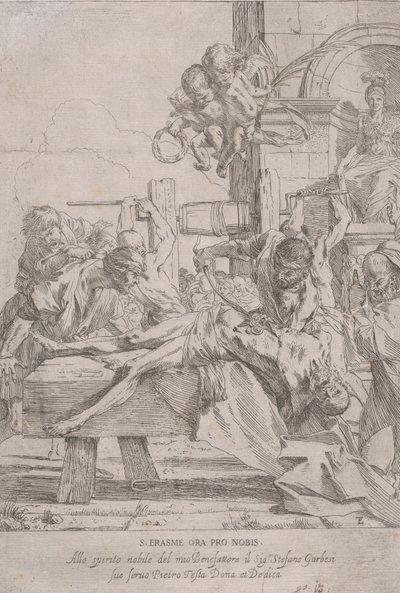 Den helige Erasmuss martyrskap som ligger nedböjd med inälvor borttagna, två putti a..., ca. 1630. av Pietro Testa