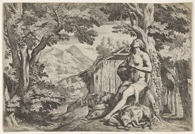 Den förlorade sonen satt vid foten av ett träd bland svin, hans blick riktad uppåt..., ca. 1640-50. av Pietro Testa