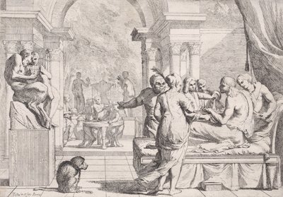 Den förlorade sonen sitter på en soffa och serveras vin, festglada i bakgrunden, en mo..., ca. 1645. av Pietro Testa