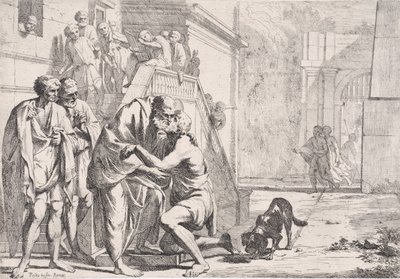Den förlorade sonens återkomst, fadern som omfamnar sin son, från en serie,..., ca. 1645. av Pietro Testa