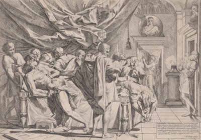 Filosofen Catos självmord, som ligger på sin säng och drar ut inälvorna, såg f..., 1648. av Pietro Testa