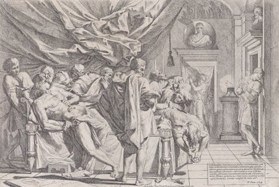 Filosofen Catos självmord, som ligger på sin säng och drar ut inälvorna, såg f..., 1648. av Pietro Testa