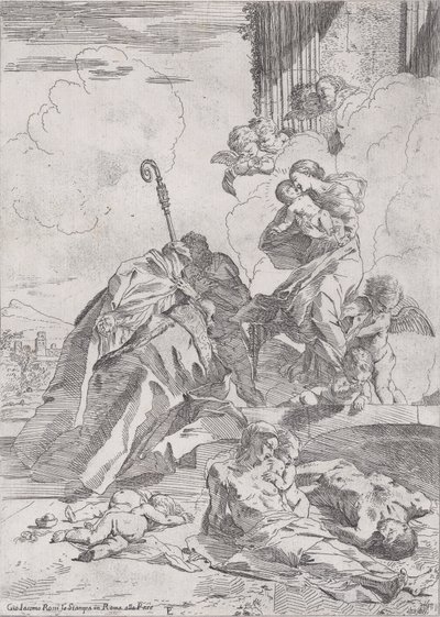 Tre Lucchese helgon Sts Nicholas Tolentino, Nicholas av Bari förbön med..., ca. 1630-31. av Pietro Testa