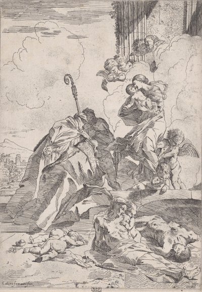 Tre Lucchese-helgon som går i förbön med Jungfrun för pestens offer...., ca. 1630-31. av Pietro Testa