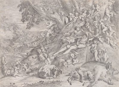 Venus och Adonis, omgivna av många putti, tillbakalutade efter jakten, med en död galt ..., 1631-37. av Pietro Testa