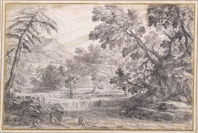 A Wooded River Landscape, ca 1650 (svart krita, pensel & grått bläck med grå tvätt på papper) av Pietro da Cortona