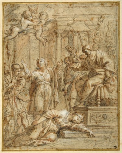 St. Bibiana ligger martyrdöd inför prefekten Apronianus (svart krita med penna och bläck och tvätt på papper) av Pietro da (1596 1669) Cortona