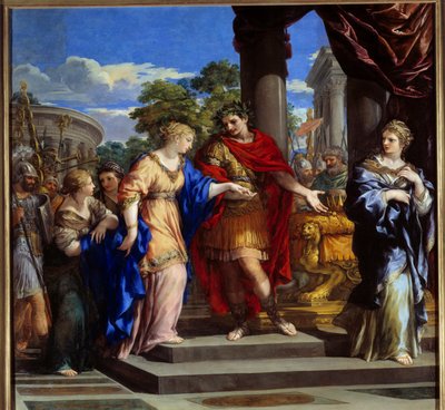 Cesar sätter Cleopatre tillbaka på Egyptens tron Jules Cesar ger Egyptens tron till Cleopatra, som han blev kär efter att ha besegrat farao Ptolemäus XIII år 47 f.Kr. Målning av sten av Cortona (Pietro Berrettini dit Pietro da Cortona (1596-1669). 16 av Pietro da Cortona