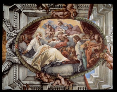 Återhämtning av Sankt Filip efter uppenbarelse av den jungfruliga fresken av entouraget av Pietro da Cortona (Peter av Cortona) (1596-1669) 1652 Rom, röda rummet Santa Maria-kyrkan i Vallicella Italien av Pietro da Cortona