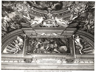 "Sala di Apollo" (Apollons sal) detalj av takdekoration som visar Alexander som läser Homer (fresk) (s/v foto) av Pietro da Cortona