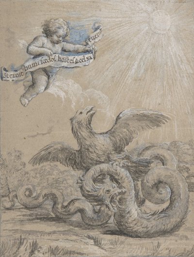 Design med en örn som slåss med en orm och en putto i himlen som håller..., 1600-talet. av Pietro da Cortona