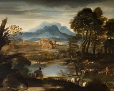 Landskap med en sjö och en muromgärdad stad, 1635. av Pietro da Cortona