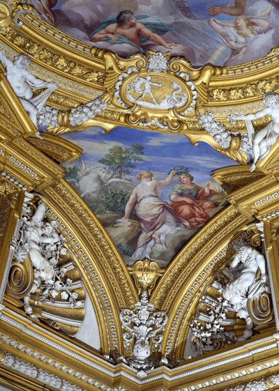 Sala di Apollo Apollos sal detalj av en hängande bild av muserna Kalliope och Melpomene, fresk från ca 1647 av Pietro da Cortona