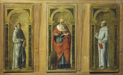 Tre paneler - Saint Francis, Saint Hieronymus och Saint Anthony of Padua, c.1480 (tempera på panel) av Pietro di Francesco degli (circle of) Orioli