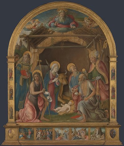 Födelse med helgon. Troligen omkring 1485-95 av Pietro di Francesco degli Orioli