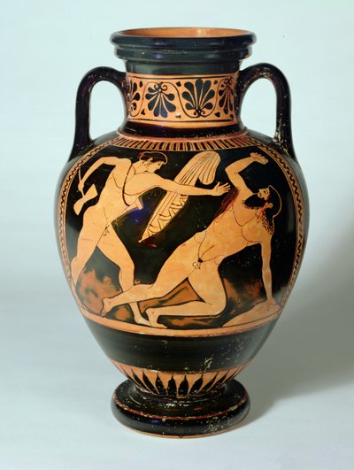 Hals-amfora med röd figur som föreställer Theseus på väg att döda Procrustes, 480-470 f.Kr. (lera) av Pig Painter