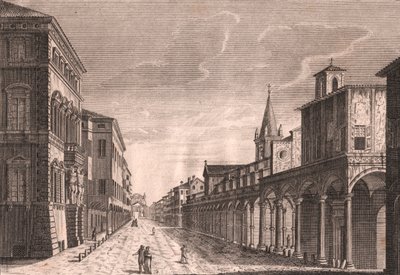 Vy över Strada Maggiore i Bologna, Emilia-Romagna, Italien, kopparstick av C Lambertini efter teckning av Pio Panfili (1723-1812), ca 13,5x19 cm av Pio Panfili