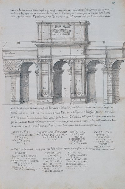 Claudius båge i Rom, ritning, från romerska antikviteter, av Pirro Ligorio (1513-1583) av Pirro Ligorio
