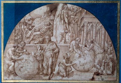Astronomi allegori. Forskare gör mätningar på jordklot. Teckning med brunt bläck av Pirro Ligorio (cirka 1500-1583) 1500-talets Paris, Louvren av Pirro Ligorio