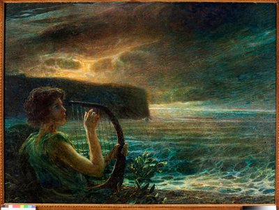 Fullmåne, hyllning till en feminin gudom, spelar lyra i ett havslandskap med stormig himmel (olja på duk av Plinio Nomellini