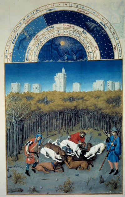 December: jaktscen. I bakgrundsvyn av Vincennes flamländska miniatyr av Pol De Limburg (1400-talet) från manuskriptet "The very rich hours of the Duke of Berry"" av Pol de Limbourg
