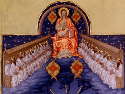 Saint John a Patmos. "" Miniatyr i "" The very rich hours of the Duke of Berry"" av Pol De Limburg (1400-talet). Chantilly, Musee Conde av Pol de Limbourg