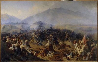 Belägringen av Akhty 1848. Stridsscen i bergen i norra Kaukasus, mellan den ryska armén och trupperna från Imam Shamil (Shamil) (1797-1871), som ledde sina krigare i en önskan om självständighet och av religiösa skäl ( Jihad). Målad av Polidor Ivanovich Babaev