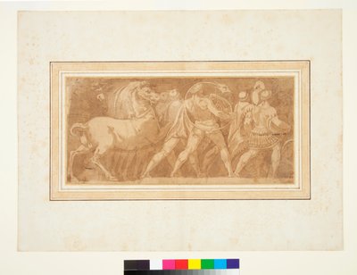 Fris med en del av en romersk triumf (penna och brunt bläck och brunt tvätt) av Polidoro da (after) Caravaggio