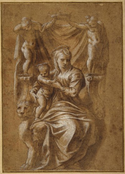 The Madonna and Child tronade (penna & brunt bläck med kroppsfärg på papper) av Polidoro da (follower of) Caravaggio