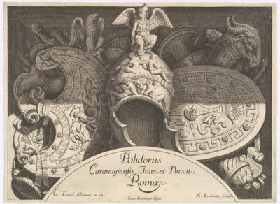 Divers Trophées vapentroféer efter fasaden på Palazzo Milesi i Rom, 1651 av Polidoro da Caravaggio