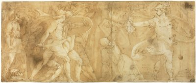 Perseus med Medusas huvud, förvandlar Phineus och hans anhängare till sten av Polidoro da Caravaggio