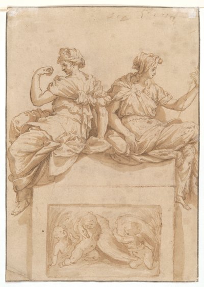 Studie av en sittande gammal man (recto); Kopia (av en okänd konstnär) efter en studie av Perino del Vaga för Sala Paolina, Castel Sant av Polidoro da Caravaggio